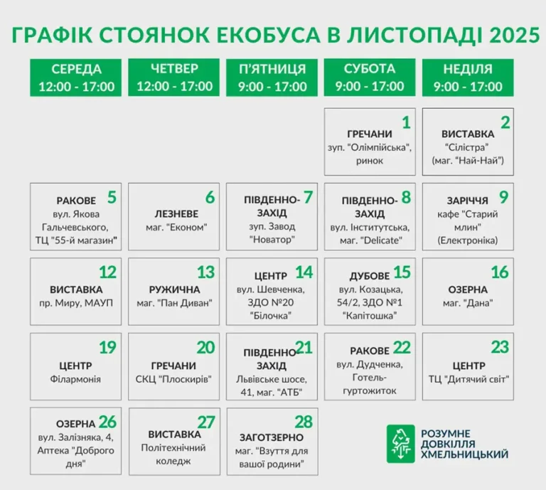 Графік стоянок екобуса в листопаді в Хмельницькому 