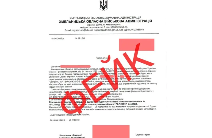 Шахрайських лист, який  розсилають від імені керівництва Хмельницької ОВА